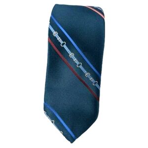 Vintage Cappuccino Golden Clasp Tie – Teal Belt Print Silk Necktie – 80s Retro
